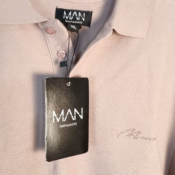 BoohooMAN Polo Shirt XL Light Tan Cotton Waffle Knit Embroidered Tipped NWT - Picture 6 of 6